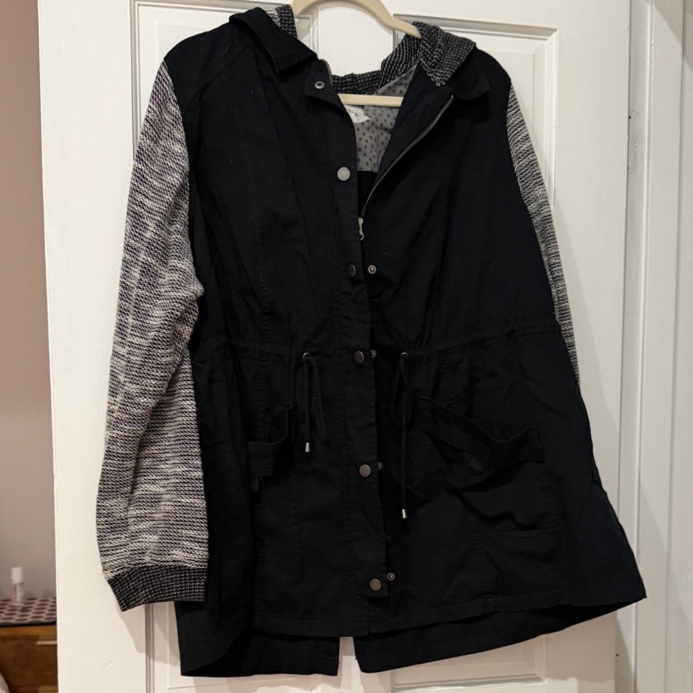 Torrid Black Hooded Utility Jacket with Grey Knit Sleeves